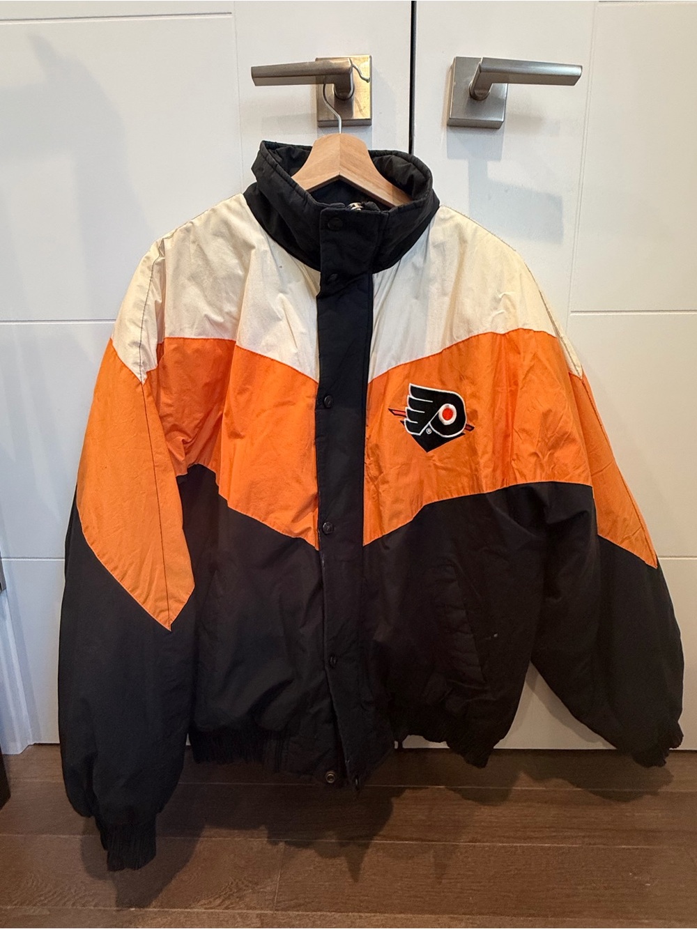 Vintage LOGO 7 Orange, Black and White Colorblock Puffer Jacket